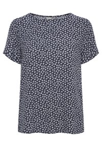 Blusa corta a maniche corte blu scuro con motivo floreale bianco, vestibilità larga, scollatura rotonda e tessuto morbido e leggero.