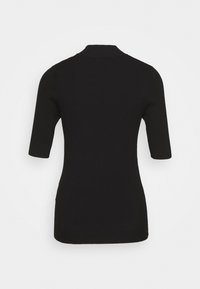 T-shirt noir à manches courtes côtelé avec un col montant, présenté de dos sur un fond blanc.