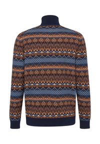 Pullover mit hohem Kragen, ausgestattet mit einem geometrischen Muster in Braun, Blau und Creme. Hergestellt aus strukturiertem Strickstoff, mit gerippten Bündchen.