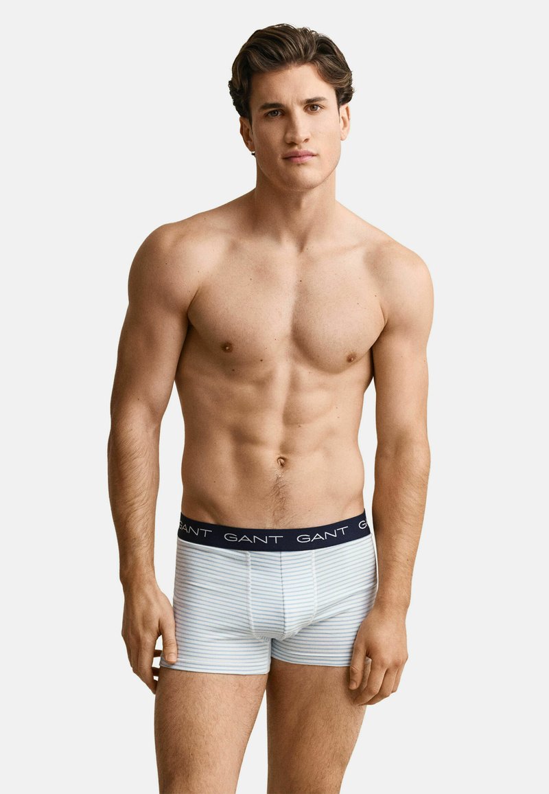 Jeune homme musclé aux cheveux bruns, debout, portant un boxer bleu clair à rayures blanches avec une ceinture sombre portant l'inscription "GANT".