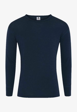 Langærmet skjorte i marineblå, lavet af glat stof. Har en rund halsudskæring og ribstrikkede manchetter, minimalistisk design.