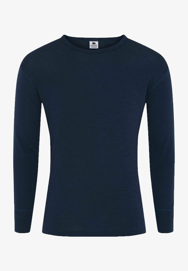 Langermet skjorte i marineblått, laget av glatt stoff. Har rund halslinning og ribbestrikkede mansjetter, minimalisk design.