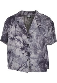 Camicia a maniche corte e bottoni di colore grigio con un motivo tie-dye. Presenta una vestibilità rilassata e colletto, con bottoni neri lungo il davanti.