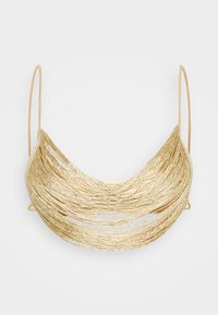 Gold-colored necklace made of layered, twisted strands with a smooth texture. Features adjustable straps for fit and a curved shape.