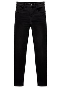 Jeans en denim noir à coupe slim, avec un design classique à cinq poches, fermeture par bouton et détails de couture subtils.