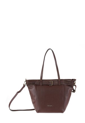 Braune Leder-Tote mit strukturiertem Finish, flachem Boden, doppelten Griffen, verstellbarem Schultergurt und Schnallendetail an der Oberseite.