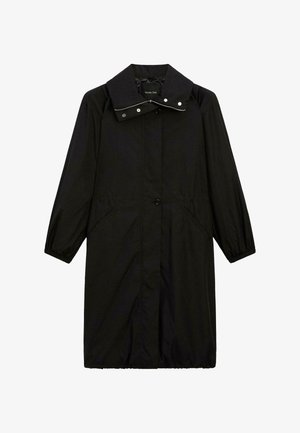 Zwarte lange jas met elastische manchetten, knopen aan de voorkant, zijzakken en een ritssluiting met drukknopen bij de kraag.