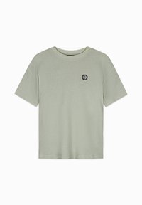 Korte mouwen, lichtgroen T-shirt van textuurstof, met een geribbelde uitstraling en een klein rond logo op de borst.
