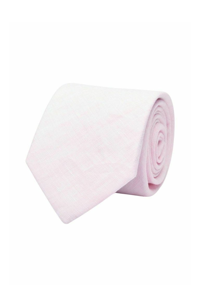 Ljust rosa slips, tillverkad av textilerat tyg, med en smal, avsmalnande design och subtilt mönster. Slipsen är snyggt rullad för presentation.