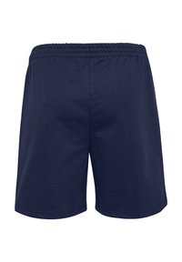 Marineblauwe shorts van een gestructureerde stof met een elastische tailleband en een rechte snit. Geen zichtbare zakken of extra details.