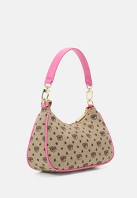 Béžová kabelka s hnědými vzory, růžovým umělým koženým lemováním a krátkým popruhem. Má zlatý zip a výrazné hvězdné motivy.