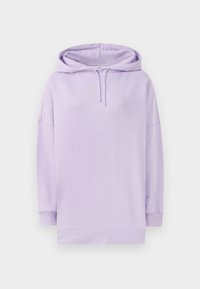 Sweatshirt lilás feito de tecido macio, com capuz ajustável, corte solto e punhos e bainha canelados. Design simples sem padrões proeminentes.