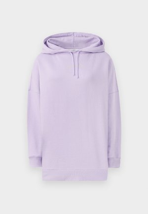 Sweatshirt lilás feito de tecido macio, com capuz ajustável, corte solto e punhos e bainha canelados. Design simples sem padrões proeminentes.