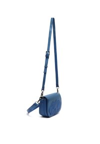 Borsa a tracolla in pelle blu con una forma rettangolare strutturata, design a rilievo sul davanti e tracolla regolabile con parti in argento.