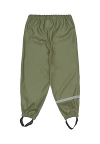 Pantalones impermeables de color verde oliva con cintura elástica, banda reflectante y correas ajustables en los puños para un ajuste seguro.