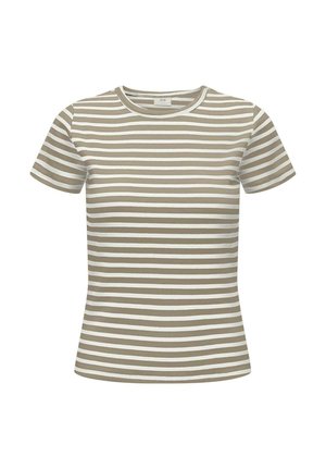 Striped short-sleeve t-shirt made of soft fabric; features alternating light beige and white horizontal stripes, with a round neckline.