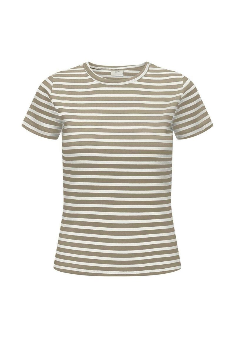 Stribet kortærmet t-shirt lavet af blødt stof; har skiftende lyse beige og hvide vandrette striber samt en rund halsudskæring.
