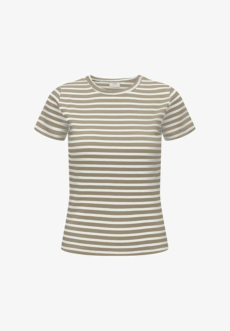 Stribet kortærmet t-shirt lavet af blødt stof; har skiftende lyse beige og hvide vandrette striber samt en rund halsudskæring.