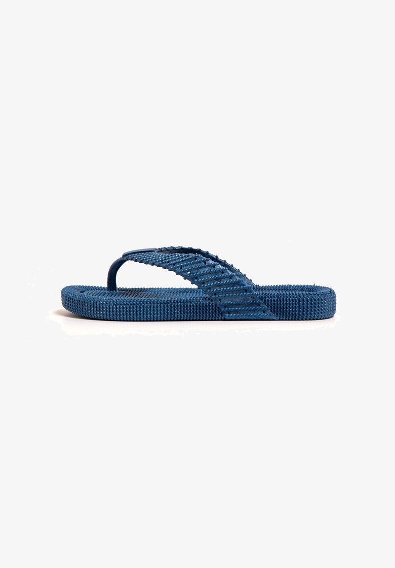 Blue rubber flip-flop with textured footbed, ribbed straps, and a flat, flexible sole. Minimalistic design with no visible logos or embellishments.