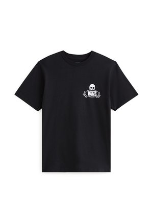 Sort bomulds t-shirt med et hvidt kraniumlogo og "VANS" tekst, korte ærmer, rund hals og en afslappet pasform.