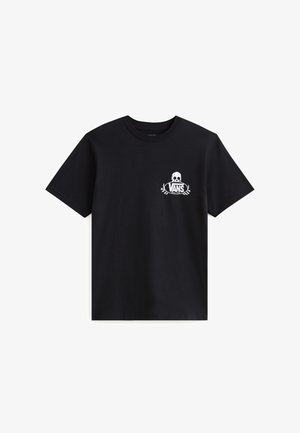 T-shirt in cotone nero con logo di teschio bianco e testo "VANS", maniche corte, colletto rotondo e vestibilità rilassata.