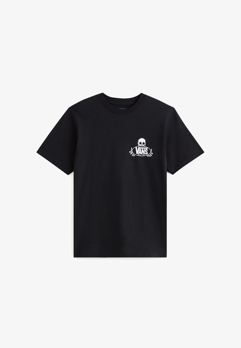 Camiseta de algodón negra con un logo de calavera blanca y el texto "VANS", de mangas cortas, cuello redondo y un corte relajado.