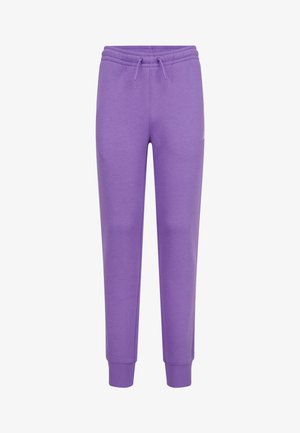 Pantalones deportivos morados hechos de una tela suave, con una cintura elástica con cordón, puños ajustados y un pequeño detalle del logo en el lateral.