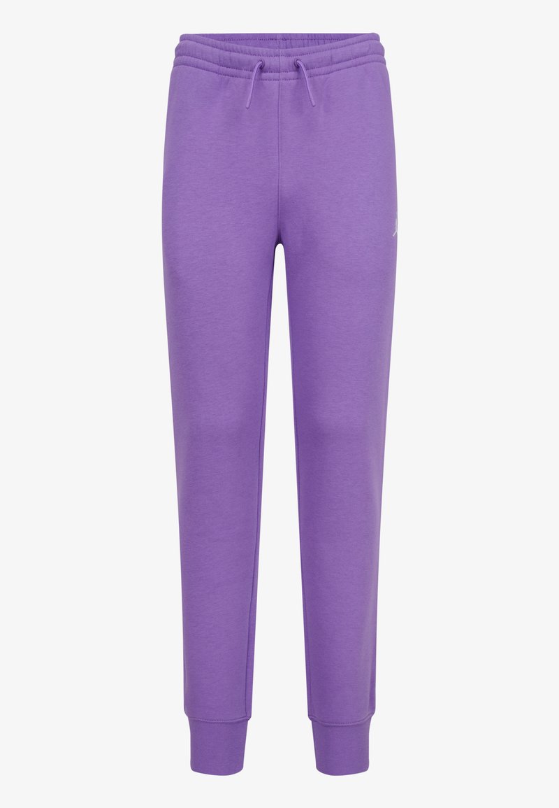 Pantaloni della tuta viola realizzati in tessuto morbido, dotati di una vita elasticizzata con coulisse, orli affusolati e un piccolo logo decorativo sul lato.