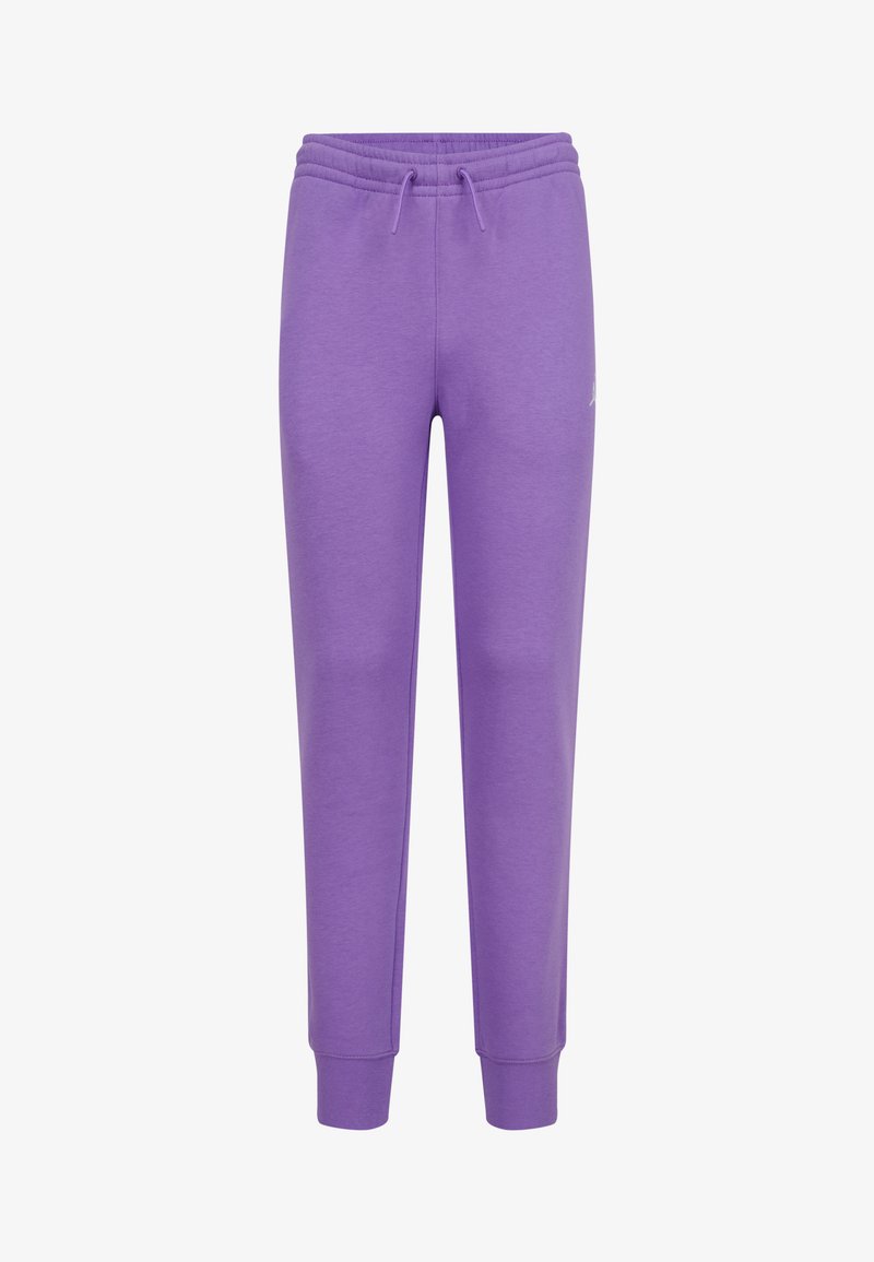 Pantalones deportivos morados hechos de una tela suave, con una cintura elástica con cordón, puños ajustados y un pequeño detalle del logo en el lateral.