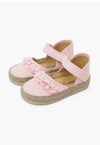 Růžové plátěné espadrilky ve stylu espadrille s řaseným designem, jutu obalené podrážce a nastavitelným suchým zipem. Hladká podšívka.