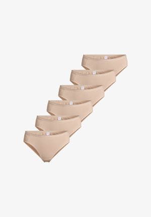 Six pairs of beige cotton panties with a seamless design and elastic waistband, featuring a small tag on the back.