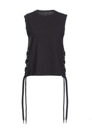 Top sin mangas negro hecho de una tela suave. Cuenta con cordones laterales con lazos y lazos largos. Diseño clásico de cuello redondo. Textura suave.