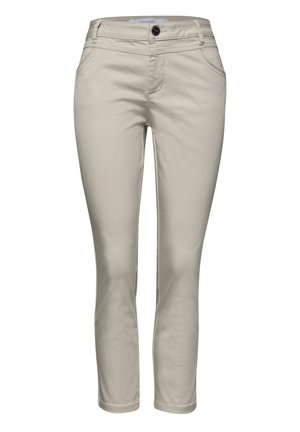 Beige slim-fit broek met voorste knoop, rits, voorzakken, lussen voor riem en rechte pijp.