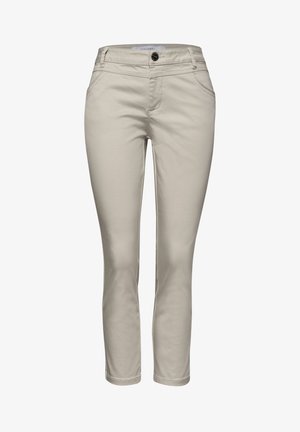 Beiget slim fit -housut, joissa edessä nappi, vetoketju, etutaskut, vyölenkit ja suora lahje.