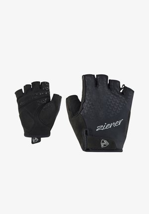 Pair of black fingerless cycling gloves with padded palms, textured grip, and Velcro wrist straps, branded "ziener" on the back.