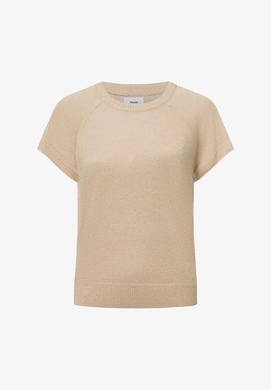 Beige Kurzarm-Pullover mit rundem Ausschnitt, strukturiertem Strick und geripptem Saum. Leichter Stoff mit dezentem Schimmer.