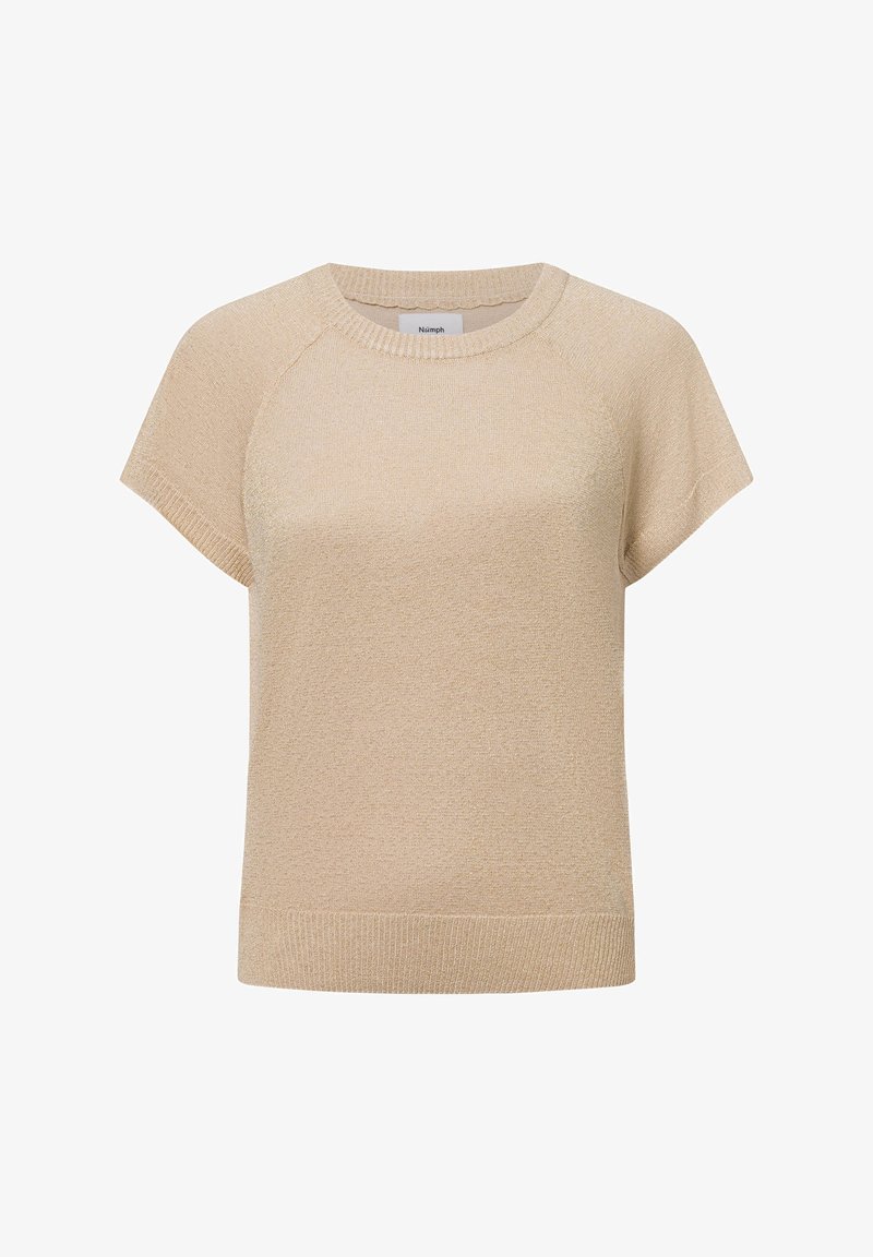 Beige short-sleeve sweater with a round neck, textured knit, and ribbed hem. Lightweight fabric with a subtle sheen.