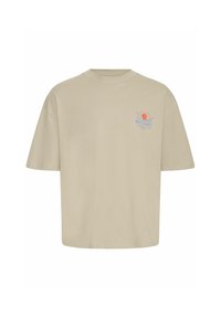 T-shirt en coton beige à manches courtes, col rond, avec un motif à l'avant représentant un soleil et des vagues, affichant une coupe décontractée.