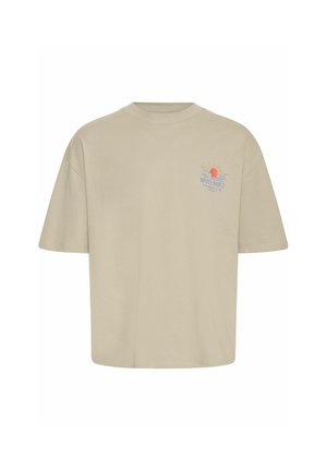 T-shirt en coton beige à manches courtes, col rond, avec un motif à l'avant représentant un soleil et des vagues, affichant une coupe décontractée.