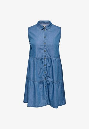 Varrukateta teksakleit, millel on krae, eesnupukinnitatud ja astmeline disain. Valmistatud helesinisest teksast, millel on pehme ja tekstuurne viimistlus.