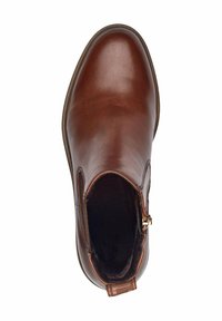Bottine en cuir marron avec une finition lisse, bout rond et fermeture éclair sur le côté. L'intérieur est doté d'une doublure douce, améliorant le confort.