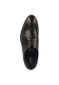 Schwarze Lederschuhe mit Flügelspitze, Broguedetails und sechs Ösen für die Schnürsenkel. Glatte Textur mit glänzendem Finish.