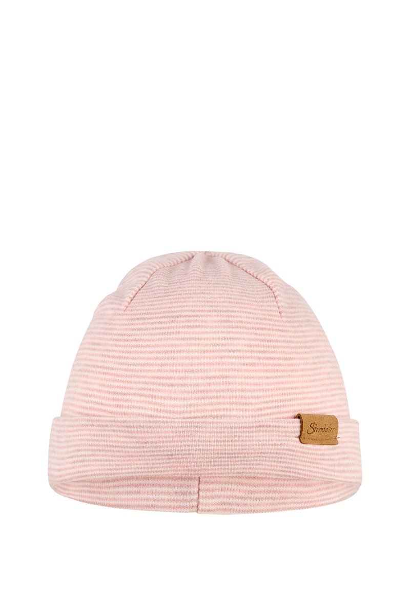 Soft pink striped knit baby hat with folded brim and small leather brand patch on the side.