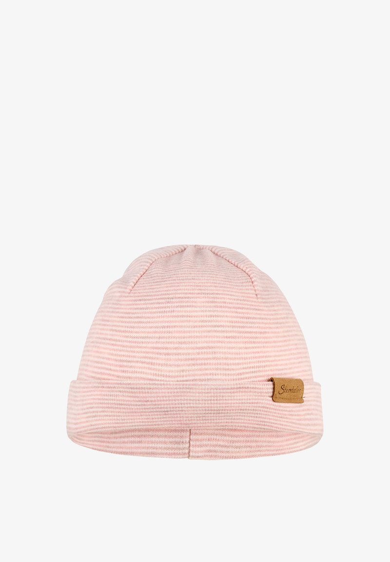 Soft pink striped knit baby hat with folded brim and small leather brand patch on the side.