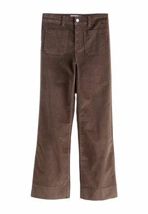 Braune Cordstoff Schlaghosen mit vorderem Knopfverschluss, Gürtelschlaufen und zwei Gesäßtaschen, die eine weiche Textur und ein sichtbares Rippenmuster aufweisen.