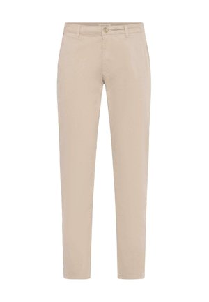Beige slim-fit chinos with front button and zipper closure, belt loops, and side pockets, displayed on a white background.