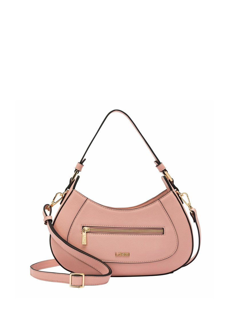 Borsa a tracolla in pelle rosa con forma curvata, hardware dorato e tasca frontale con zip. Presenta una tracolla staccabile per una maggiore versatilità.