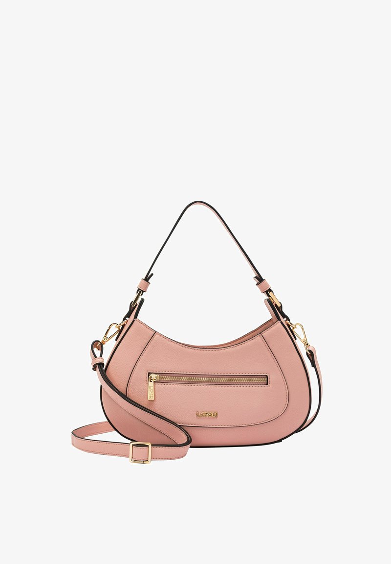 Borsa a tracolla in pelle rosa con forma curvata, hardware dorato e tasca frontale con zip. Presenta una tracolla staccabile per una maggiore versatilità.