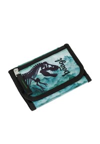Portafoglio con un design in acquerello verde-blu e una stampa di scheletro di dinosauro nera. La cerniera e il bordo neri accentuano il tessuto.