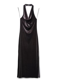 Ärmelloses schwarzes Samtkleid mit drapiertem Ausschnitt und seitlichem Schlitz. Verfügt über dünne Träger und eine glatte, glänzende Textur.